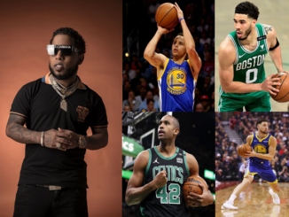 El cantante Chimbala y los  basquetbolistas
Curry - Tatum - Horford - Thompson - Fotos: NBA